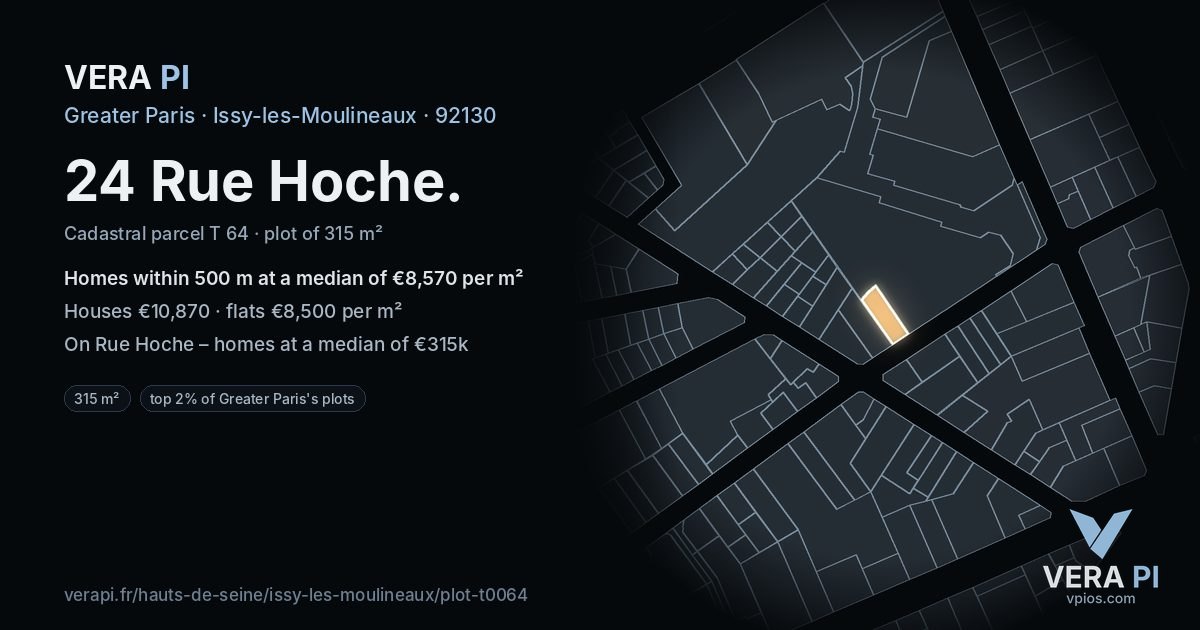 24 Rue Hoche, Issy-les-Moulineaux at night – the plot lit, the parcels around coloured by the prices near them