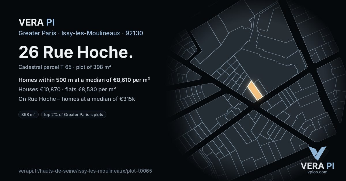 26 Rue Hoche, Issy-les-Moulineaux at night – the plot lit, the parcels around coloured by the prices near them