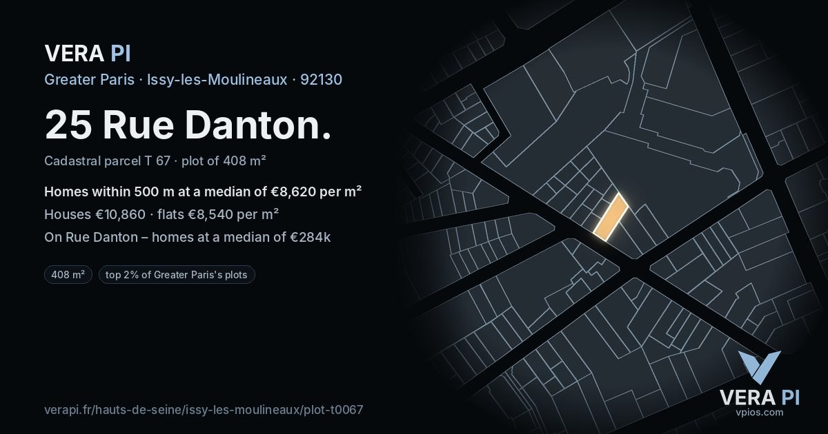 25 Rue Danton, Issy-les-Moulineaux at night – the plot lit, the parcels around coloured by the prices near them