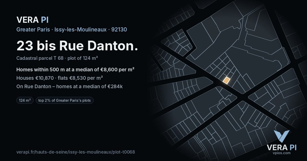 23 bis Rue Danton, Issy-les-Moulineaux at night – the plot lit, the parcels around coloured by the prices near them