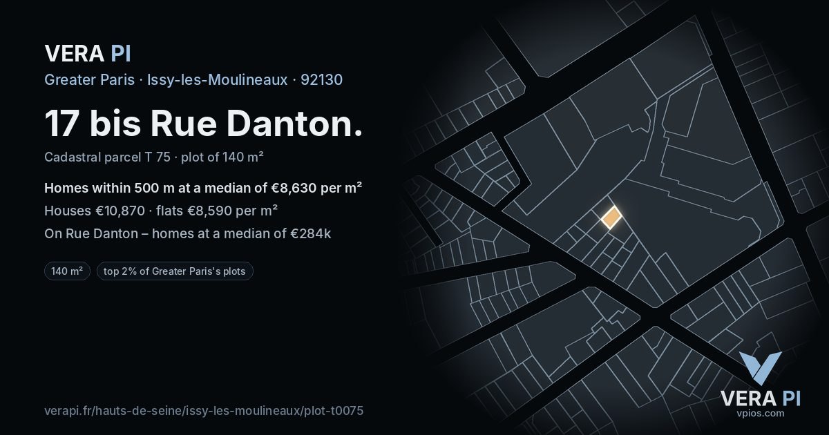 17 bis Rue Danton, Issy-les-Moulineaux at night – the plot lit, the parcels around coloured by the prices near them