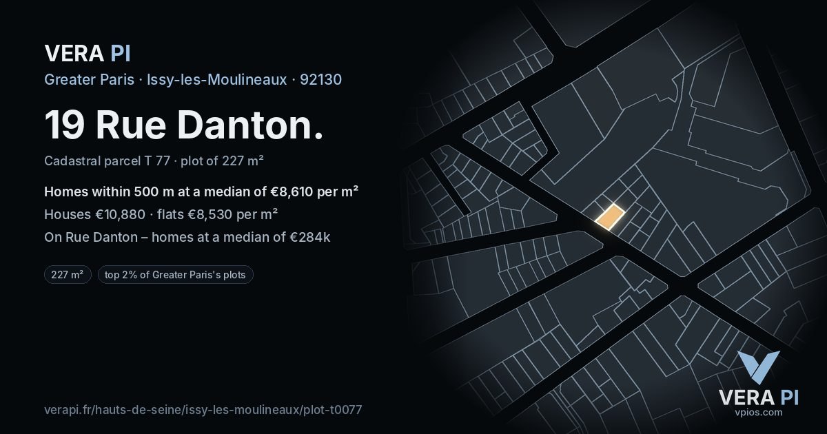 19 Rue Danton, Issy-les-Moulineaux at night – the plot lit, the parcels around coloured by the prices near them