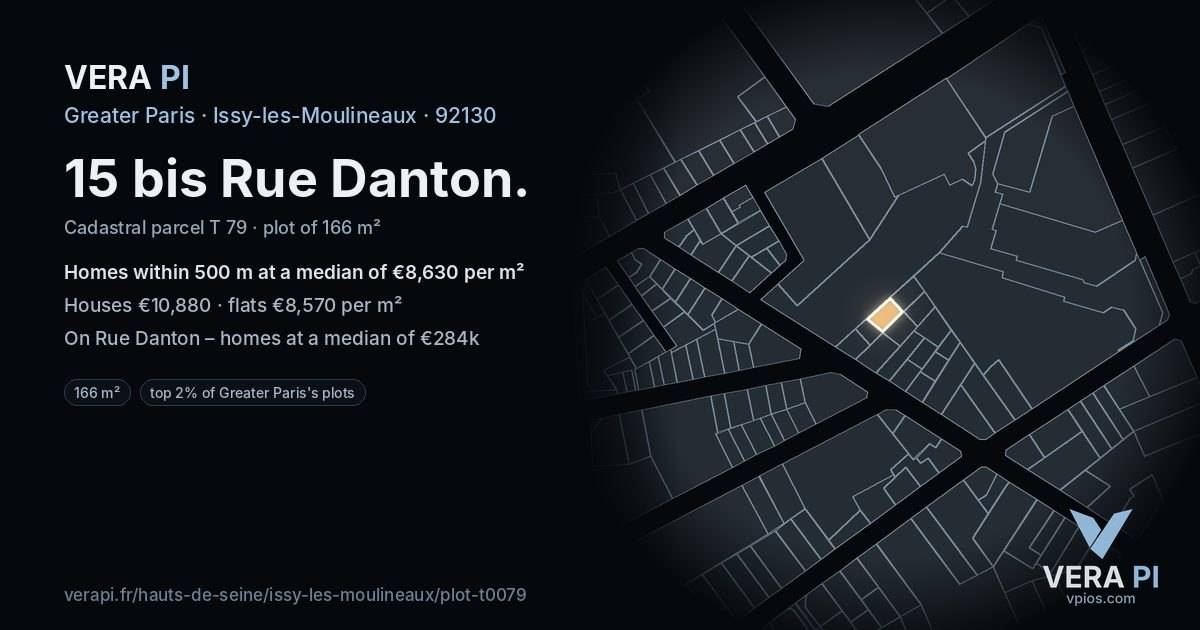 15 bis Rue Danton, Issy-les-Moulineaux at night – the plot lit, the parcels around coloured by the prices near them