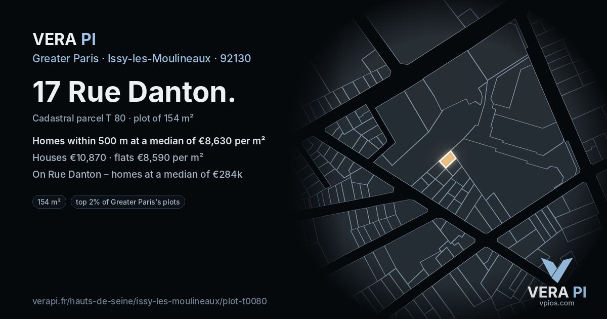 17 Rue Danton, Issy-les-Moulineaux at night – the plot lit, the parcels around coloured by the prices near them