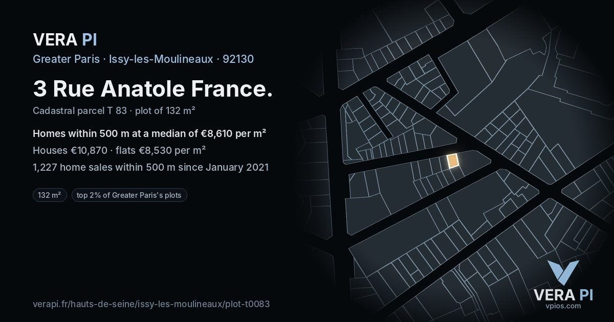 3 Rue Anatole France, Issy-les-Moulineaux at night – the plot lit, the parcels around coloured by the prices near them