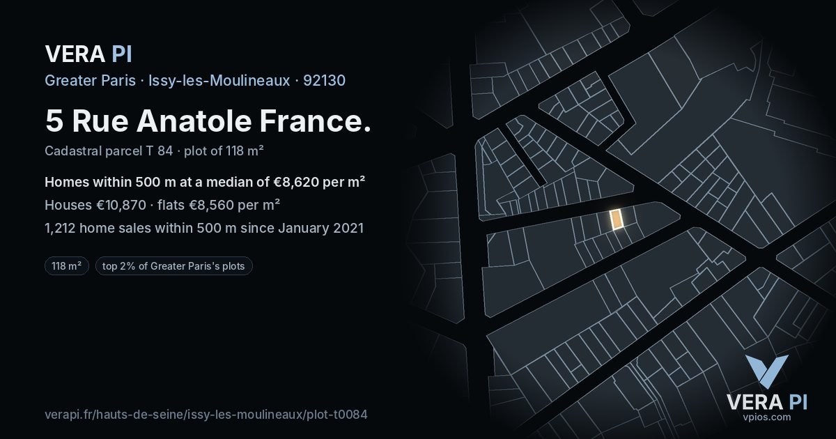 5 Rue Anatole France, Issy-les-Moulineaux at night – the plot lit, the parcels around coloured by the prices near them