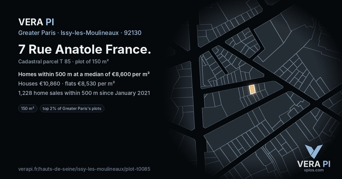 7 Rue Anatole France, Issy-les-Moulineaux at night – the plot lit, the parcels around coloured by the prices near them
