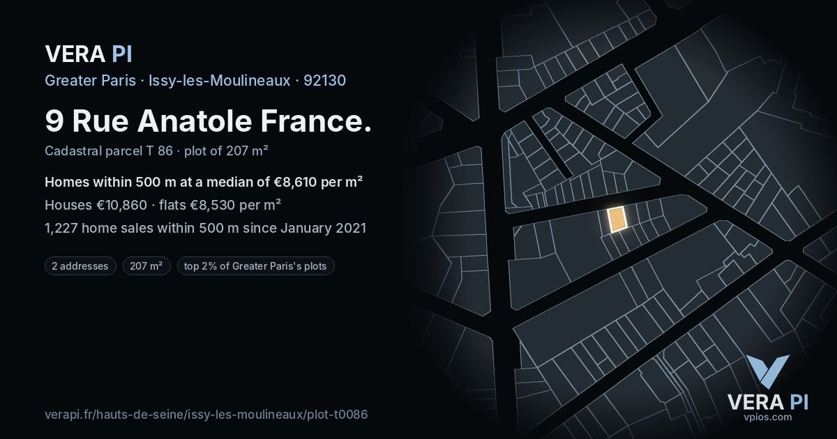 9 Rue Anatole France, Issy-les-Moulineaux at night – the plot lit, the parcels around coloured by the prices near them
