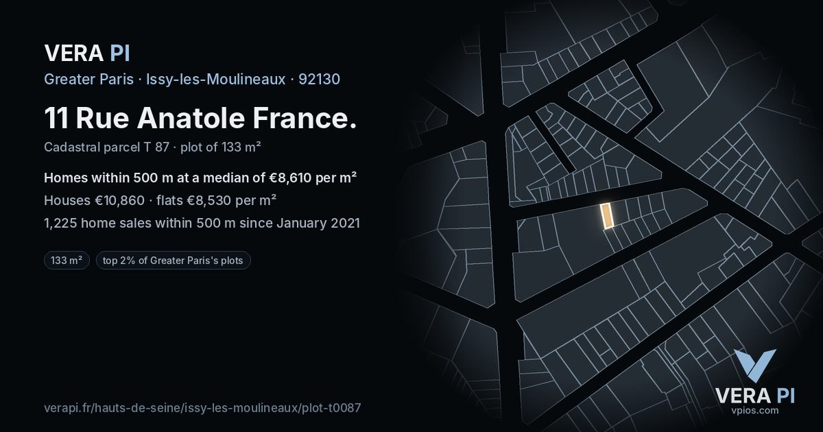 11 Rue Anatole France, Issy-les-Moulineaux at night – the plot lit, the parcels around coloured by the prices near them