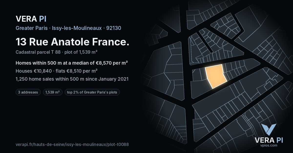 13 Rue Anatole France, Issy-les-Moulineaux at night – the plot lit, the parcels around coloured by the prices near them