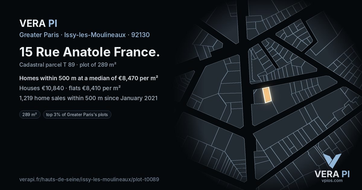 15 Rue Anatole France, Issy-les-Moulineaux at night – the plot lit, the parcels around coloured by the prices near them