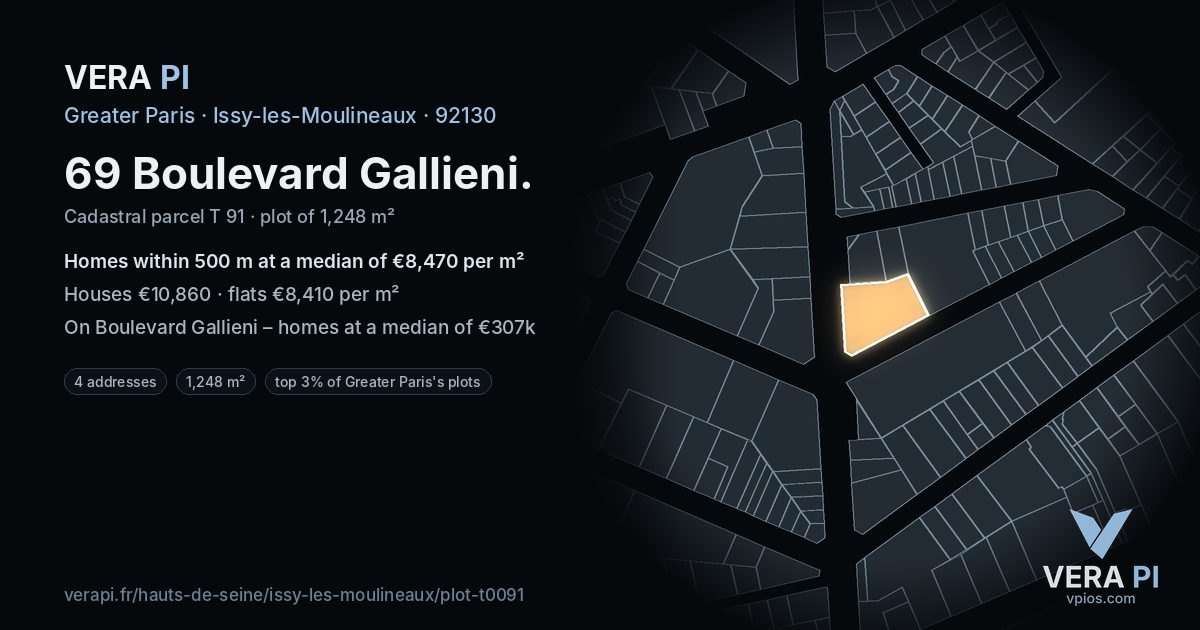 69 Boulevard Gallieni, Issy-les-Moulineaux at night – the plot lit, the parcels around coloured by the prices near them