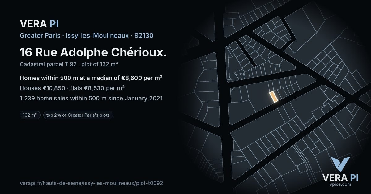 16 Rue Adolphe Chérioux, Issy-les-Moulineaux at night – the plot lit, the parcels around coloured by the prices near them