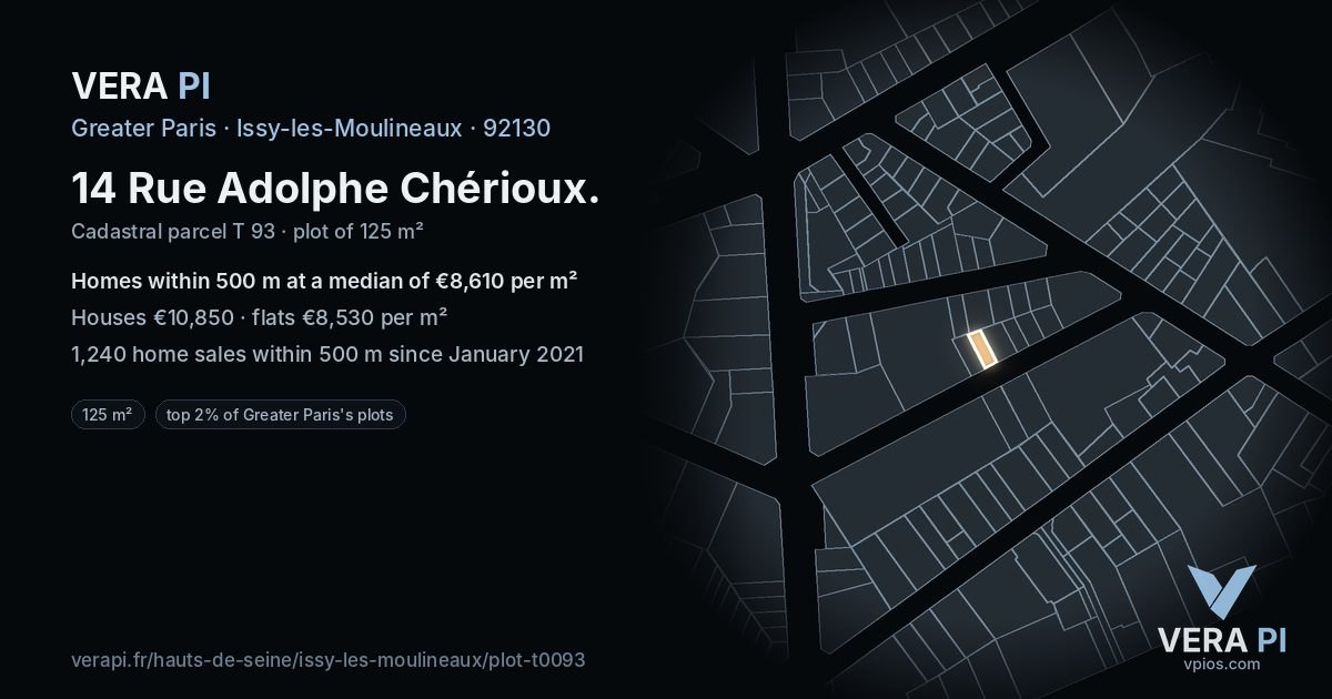 14 Rue Adolphe Chérioux, Issy-les-Moulineaux at night – the plot lit, the parcels around coloured by the prices near them