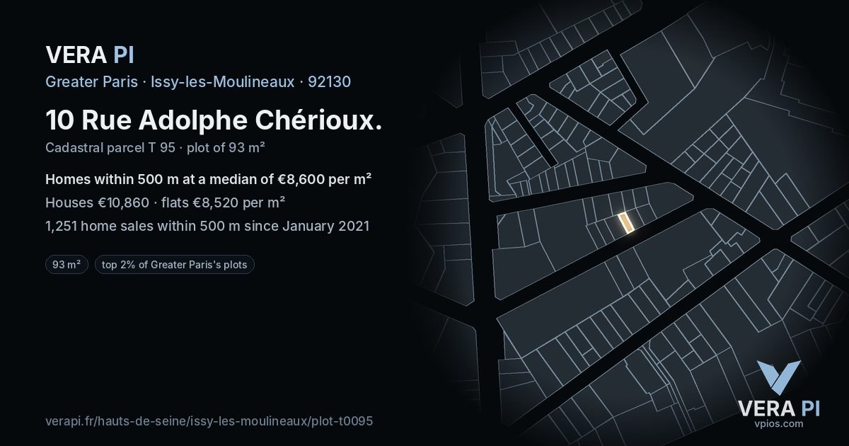 10 Rue Adolphe Chérioux, Issy-les-Moulineaux at night – the plot lit, the parcels around coloured by the prices near them