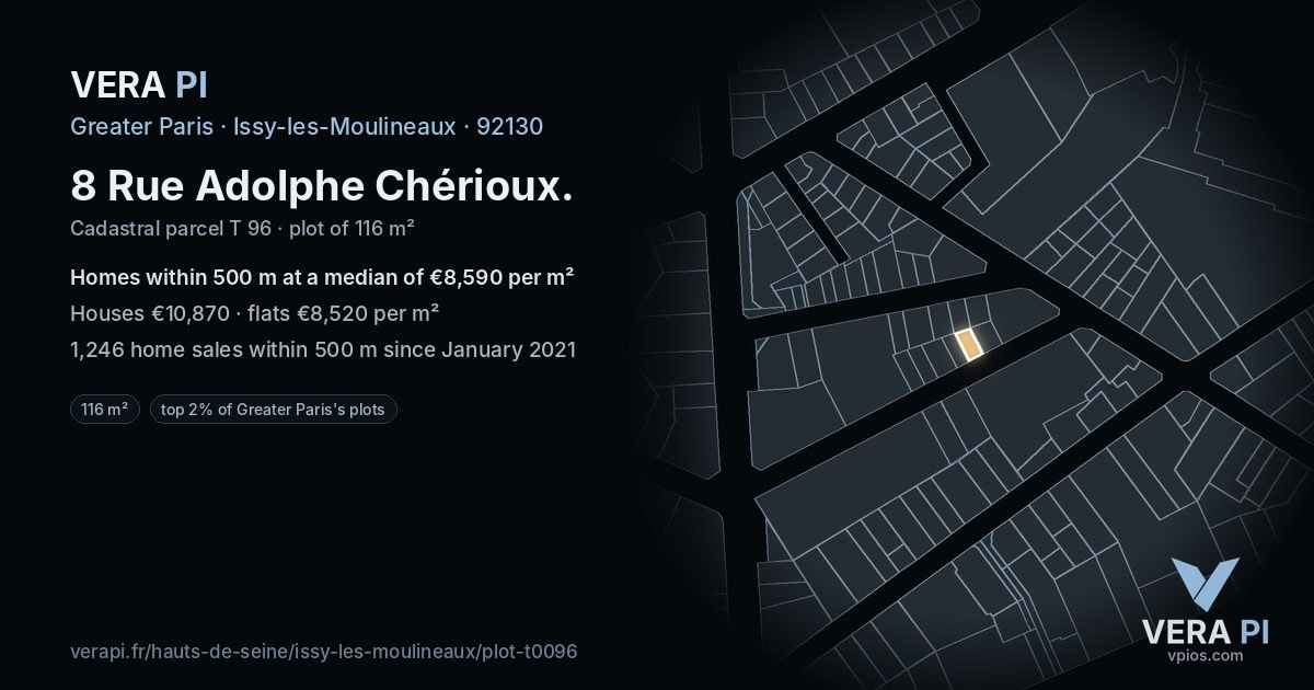 8 Rue Adolphe Chérioux, Issy-les-Moulineaux at night – the plot lit, the parcels around coloured by the prices near them