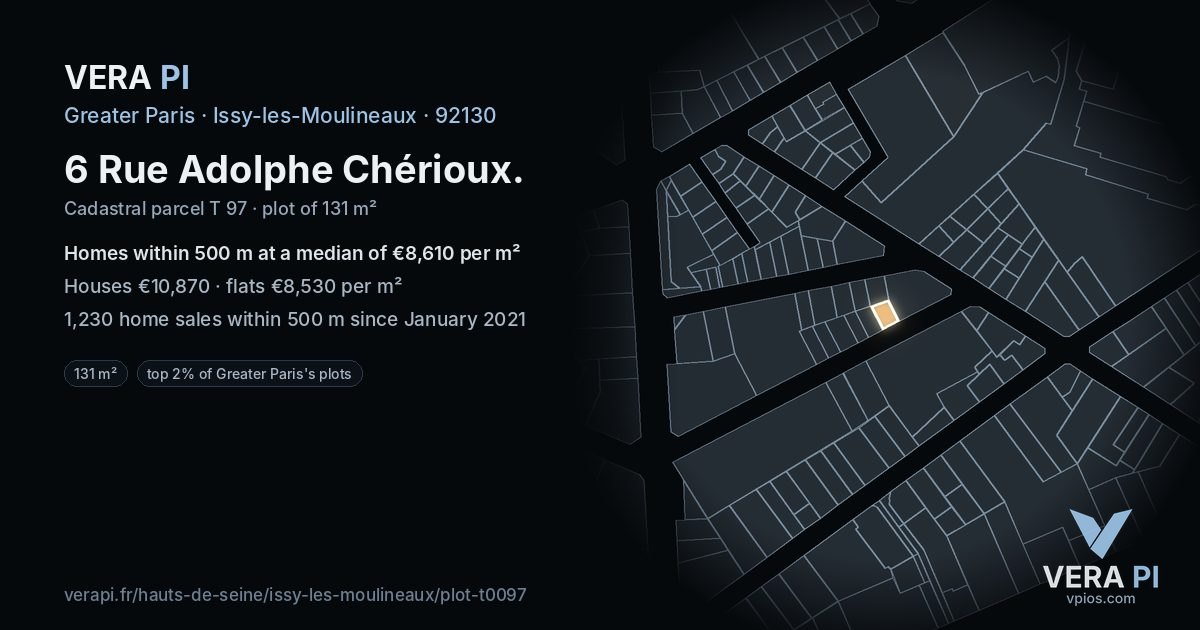 6 Rue Adolphe Chérioux, Issy-les-Moulineaux at night – the plot lit, the parcels around coloured by the prices near them