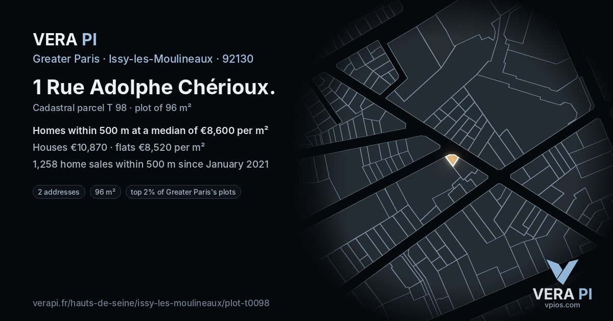 1 Rue Adolphe Chérioux, Issy-les-Moulineaux at night – the plot lit, the parcels around coloured by the prices near them
