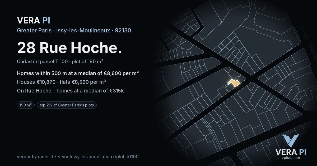 28 Rue Hoche, Issy-les-Moulineaux at night – the plot lit, the parcels around coloured by the prices near them