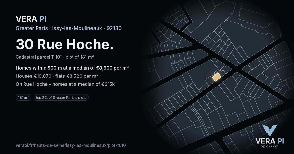 30 Rue Hoche, Issy-les-Moulineaux at night – the plot lit, the parcels around coloured by the prices near them