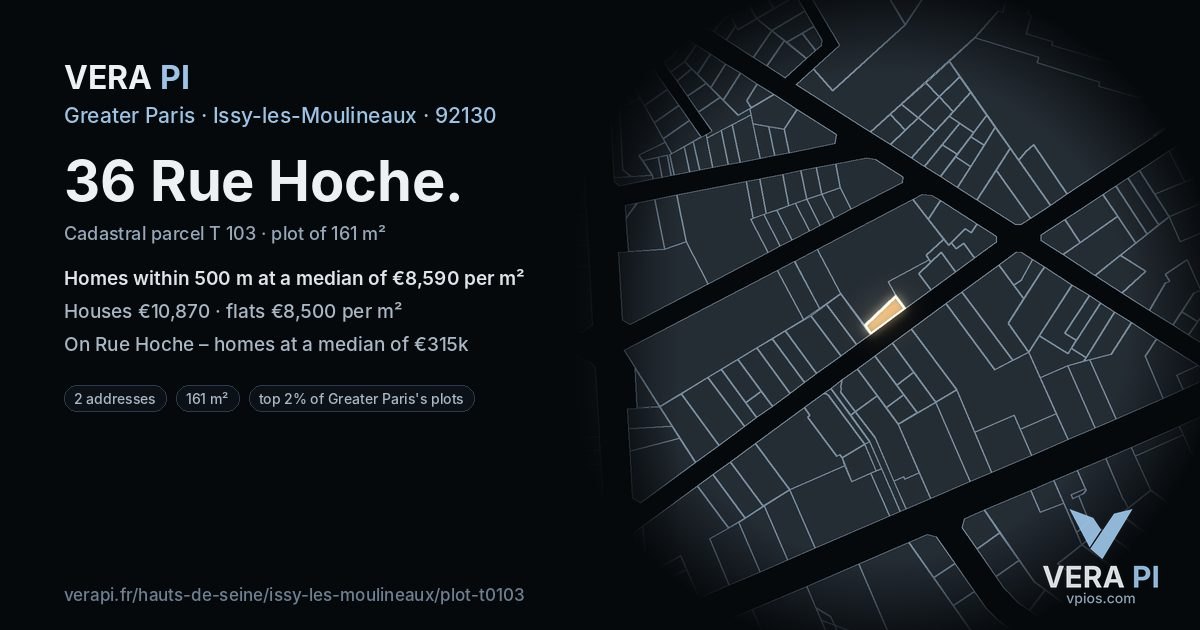 36 Rue Hoche, Issy-les-Moulineaux at night – the plot lit, the parcels around coloured by the prices near them