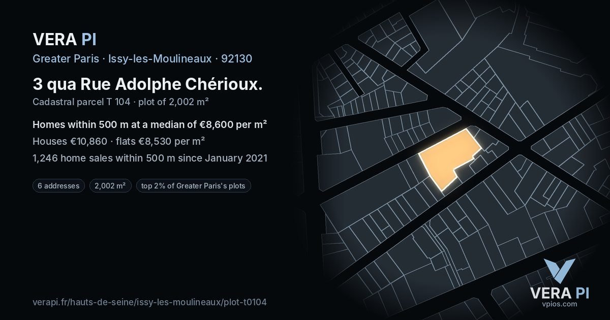 3 qua Rue Adolphe Chérioux, Issy-les-Moulineaux at night – the plot lit, the parcels around coloured by the prices near them