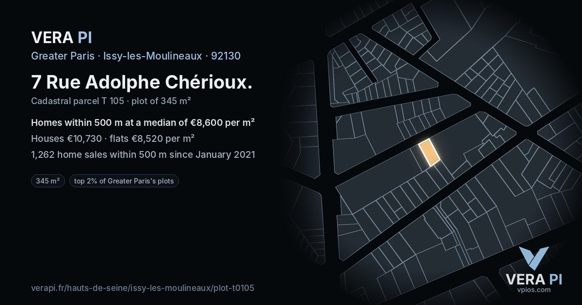 7 Rue Adolphe Chérioux, Issy-les-Moulineaux at night – the plot lit, the parcels around coloured by the prices near them