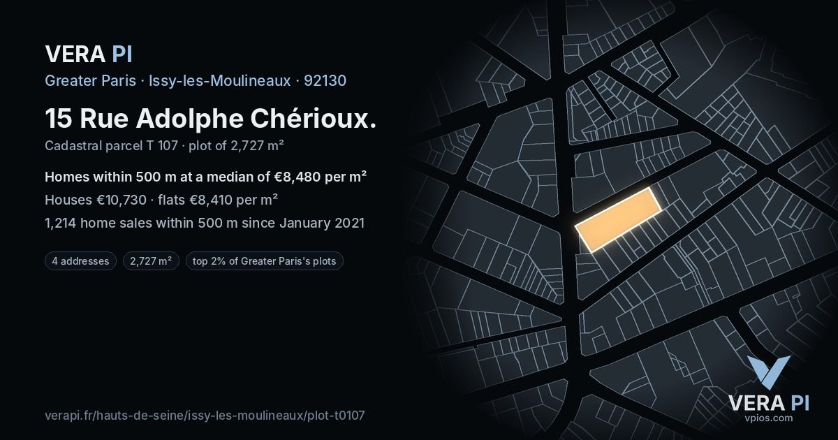 15 Rue Adolphe Chérioux, Issy-les-Moulineaux at night – the plot lit, the parcels around coloured by the prices near them