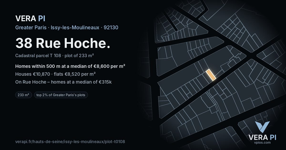 38 Rue Hoche, Issy-les-Moulineaux at night – the plot lit, the parcels around coloured by the prices near them