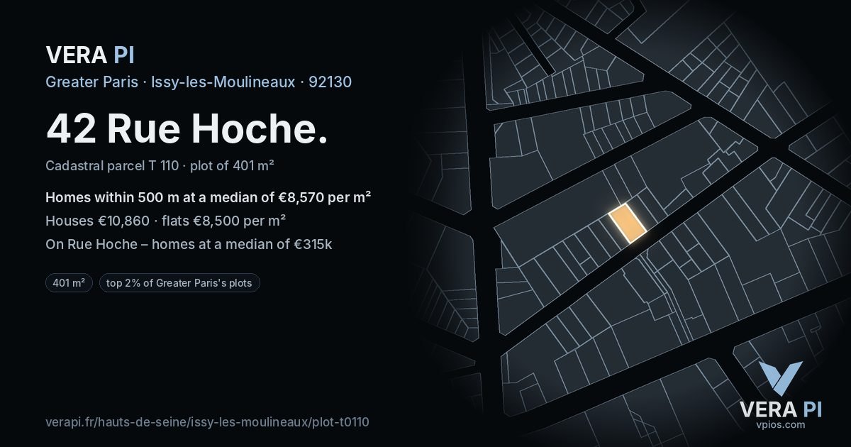 42 Rue Hoche, Issy-les-Moulineaux at night – the plot lit, the parcels around coloured by the prices near them
