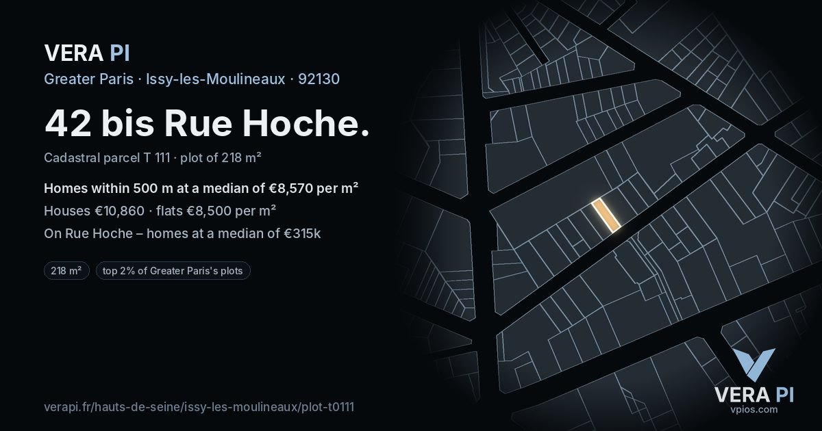 42 bis Rue Hoche, Issy-les-Moulineaux at night – the plot lit, the parcels around coloured by the prices near them