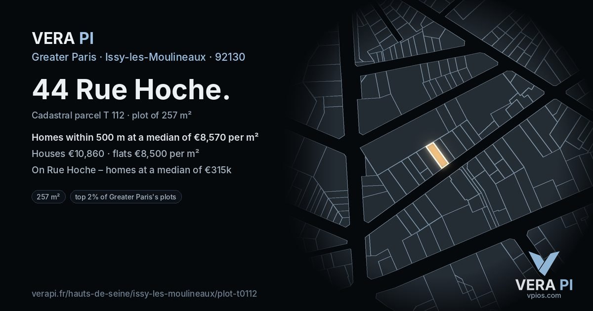 44 Rue Hoche, Issy-les-Moulineaux at night – the plot lit, the parcels around coloured by the prices near them
