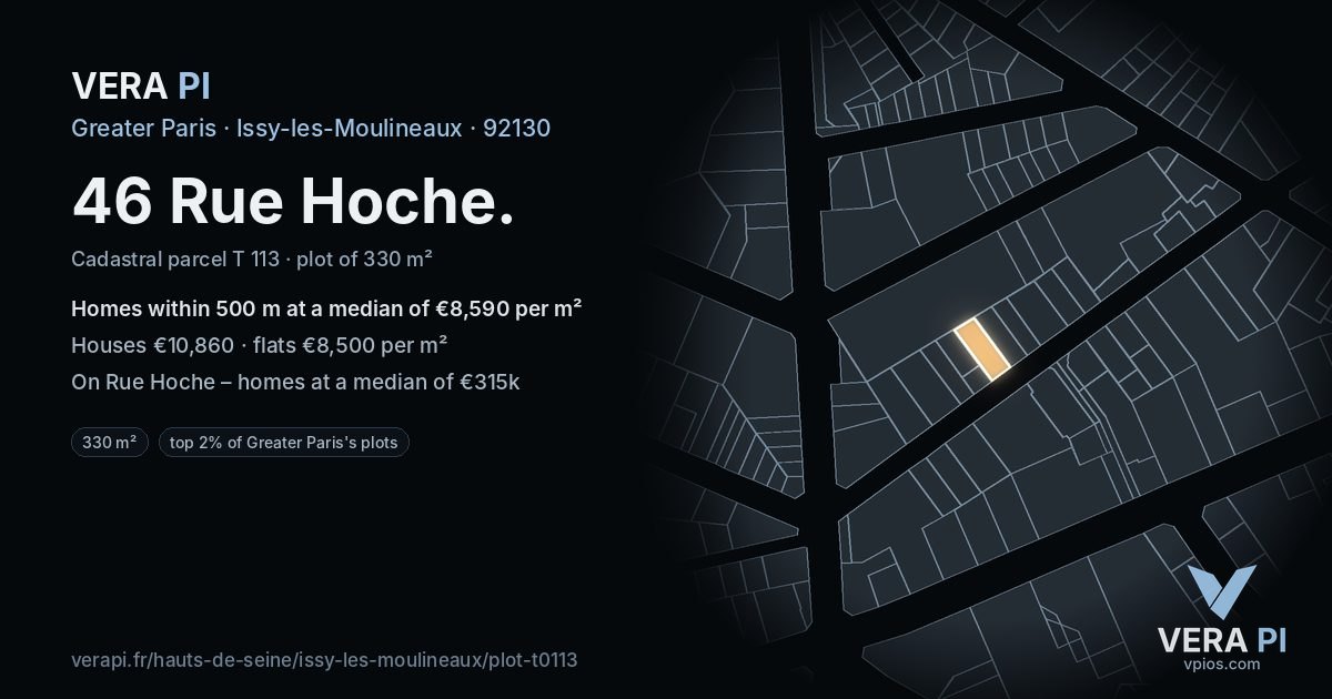 46 Rue Hoche, Issy-les-Moulineaux at night – the plot lit, the parcels around coloured by the prices near them