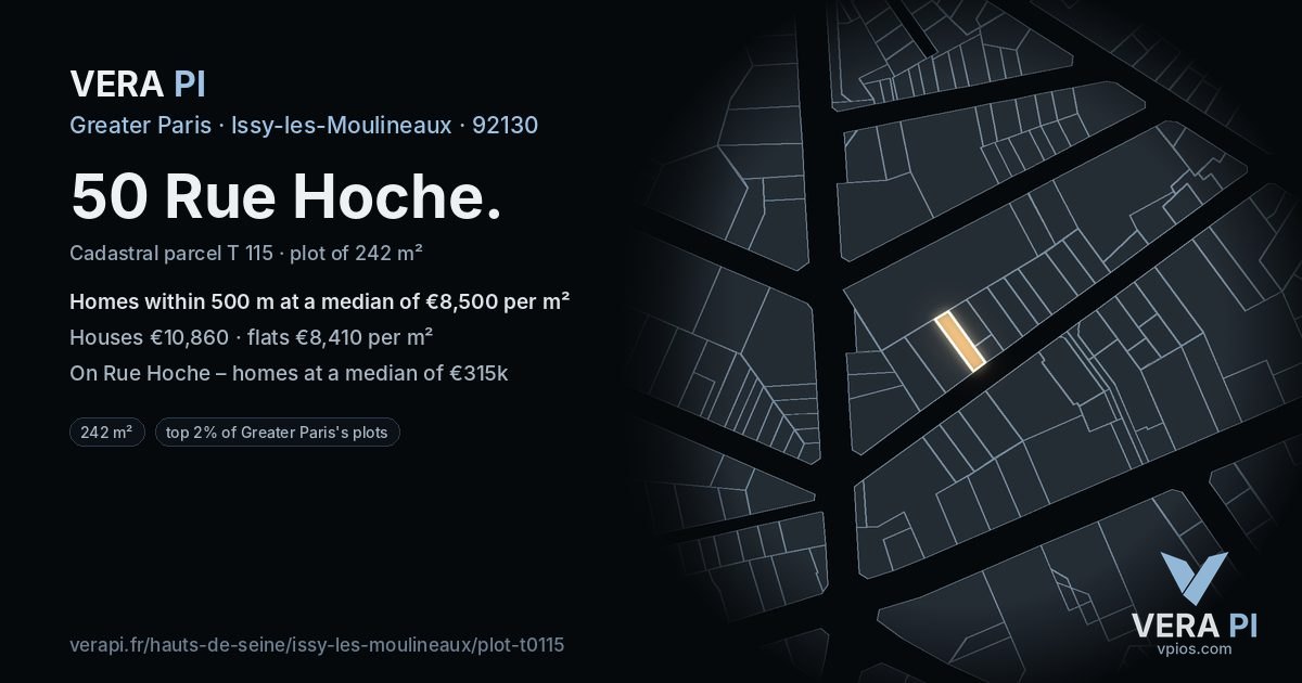 50 Rue Hoche, Issy-les-Moulineaux at night – the plot lit, the parcels around coloured by the prices near them