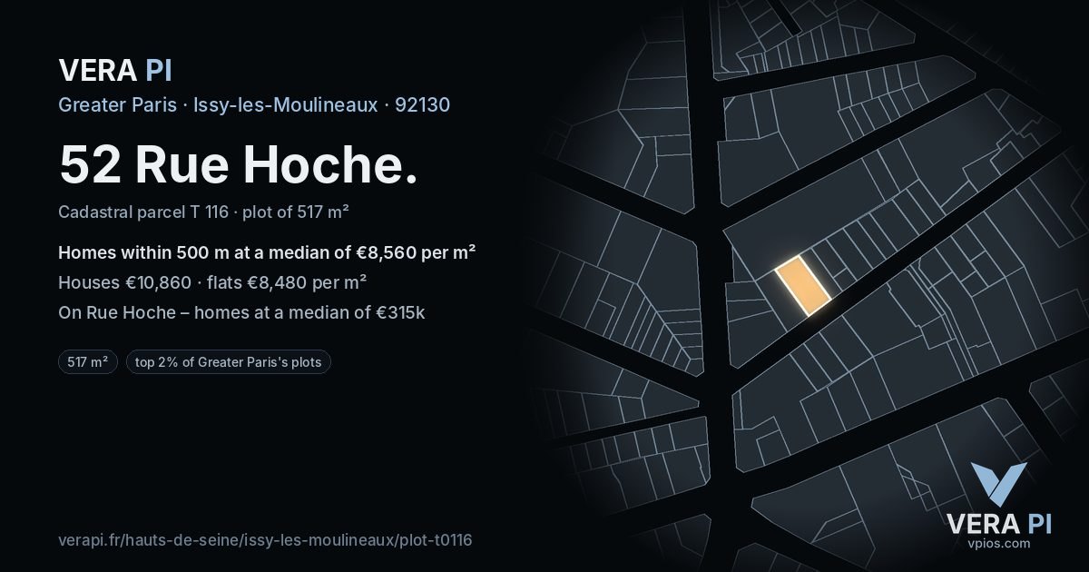52 Rue Hoche, Issy-les-Moulineaux at night – the plot lit, the parcels around coloured by the prices near them