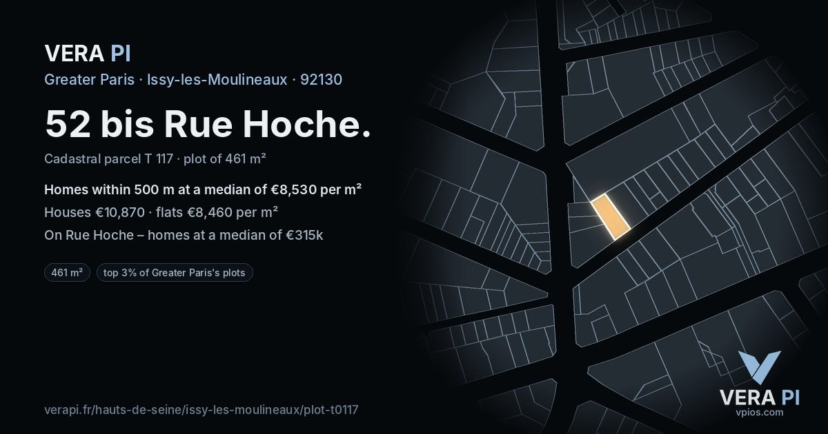 52 bis Rue Hoche, Issy-les-Moulineaux at night – the plot lit, the parcels around coloured by the prices near them