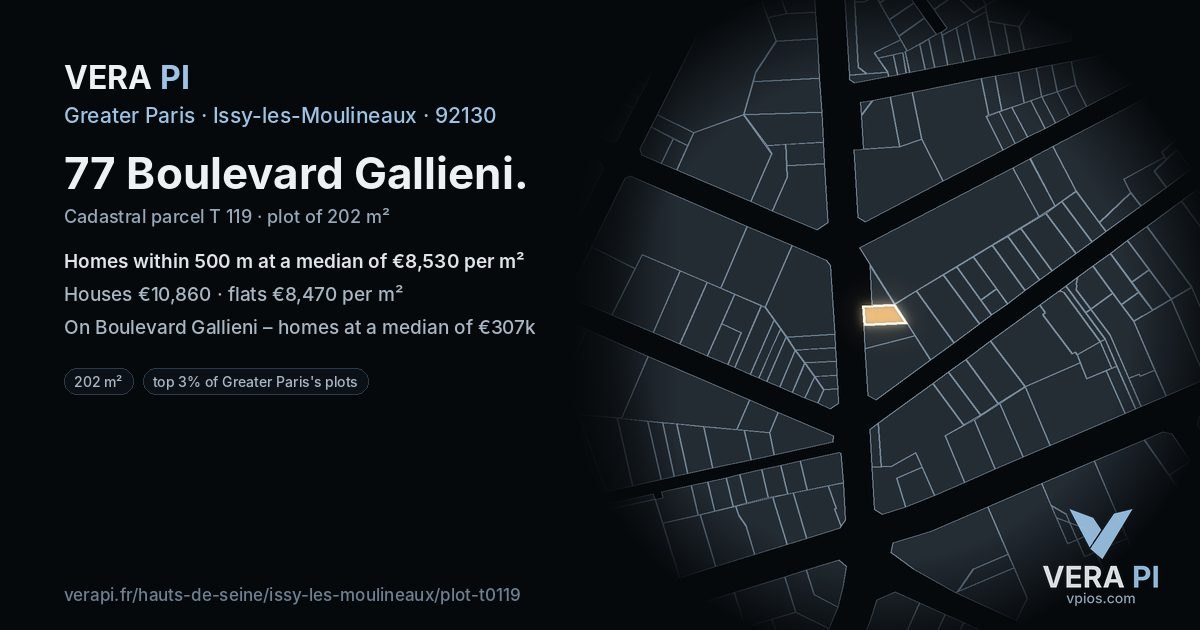 77 Boulevard Gallieni, Issy-les-Moulineaux at night – the plot lit, the parcels around coloured by the prices near them
