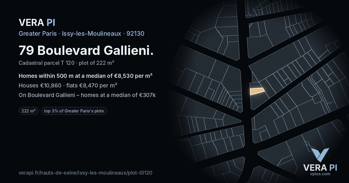 79 Boulevard Gallieni, Issy-les-Moulineaux at night – the plot lit, the parcels around coloured by the prices near them