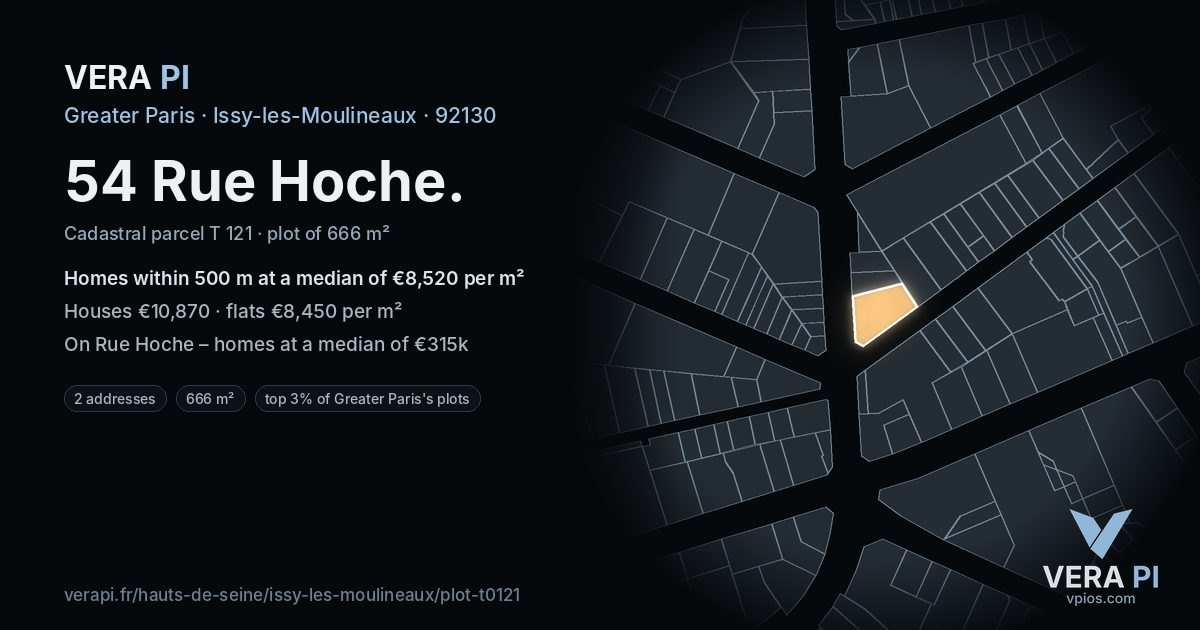 54 Rue Hoche, Issy-les-Moulineaux at night – the plot lit, the parcels around coloured by the prices near them