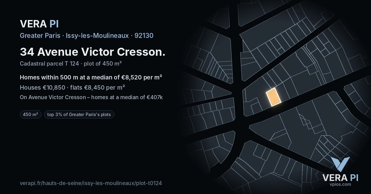 34 Avenue Victor Cresson, Issy-les-Moulineaux at night – the plot lit, the parcels around coloured by the prices near them