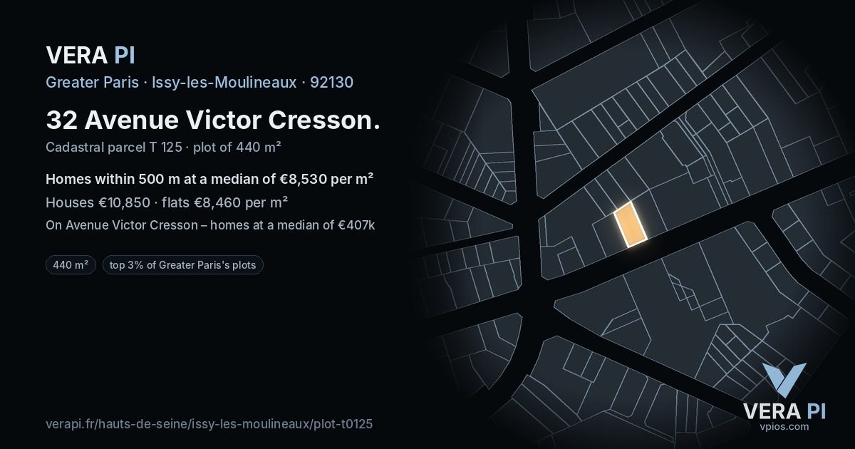 32 Avenue Victor Cresson, Issy-les-Moulineaux at night – the plot lit, the parcels around coloured by the prices near them