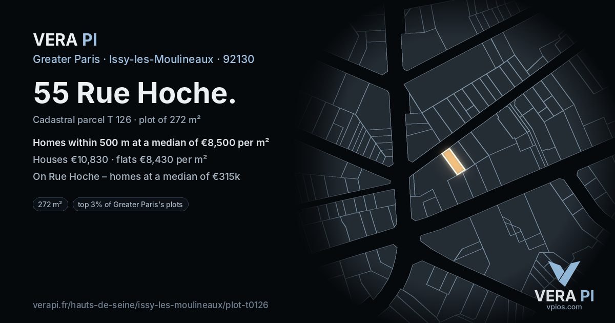 55 Rue Hoche, Issy-les-Moulineaux at night – the plot lit, the parcels around coloured by the prices near them