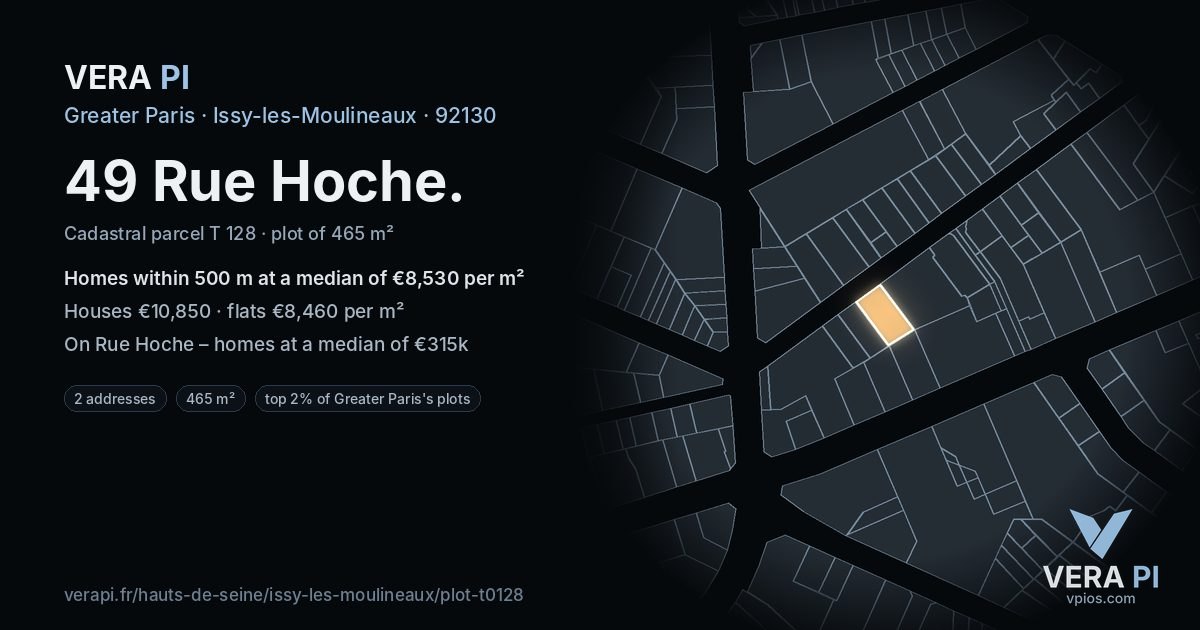 49 Rue Hoche, Issy-les-Moulineaux at night – the plot lit, the parcels around coloured by the prices near them