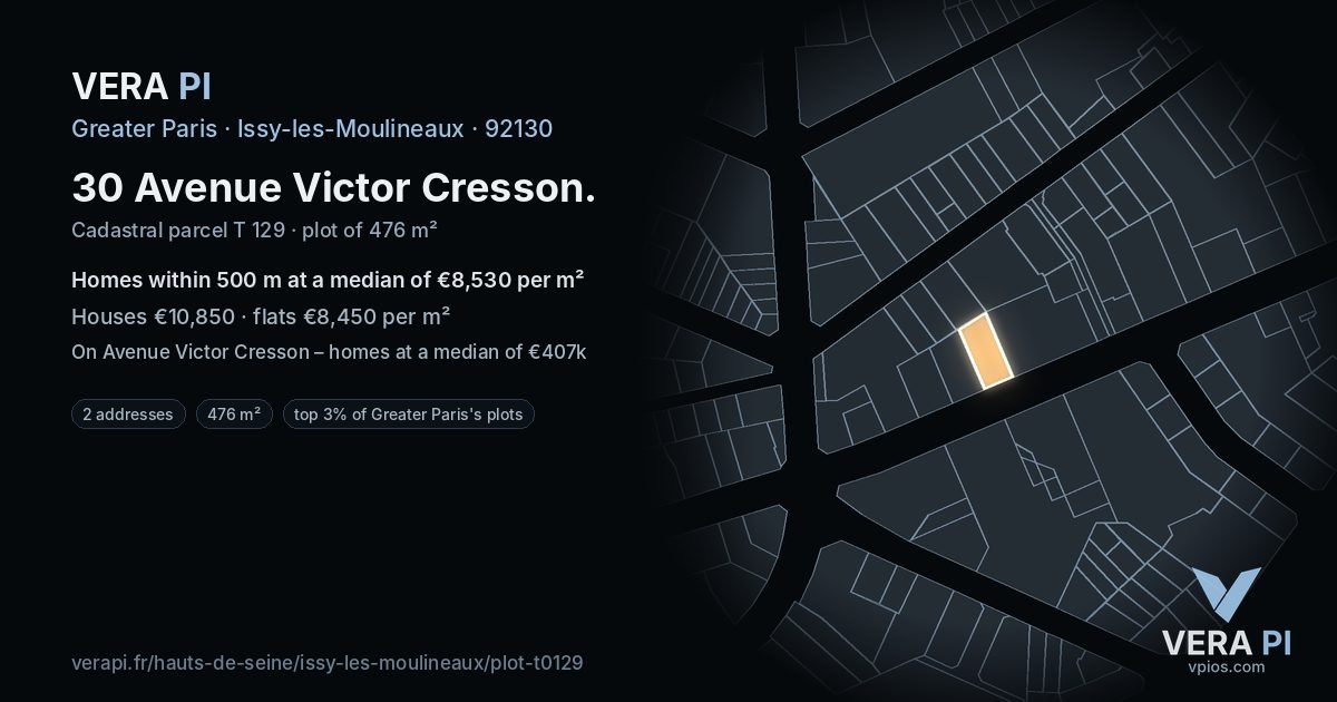 30 Avenue Victor Cresson, Issy-les-Moulineaux at night – the plot lit, the parcels around coloured by the prices near them
