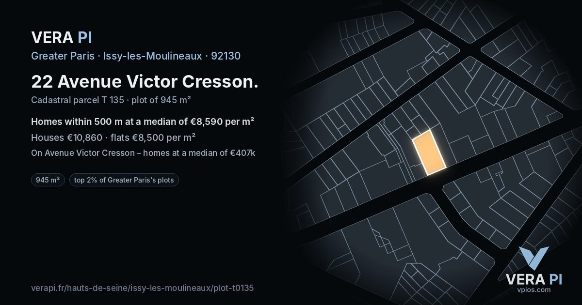 22 Avenue Victor Cresson, Issy-les-Moulineaux at night – the plot lit, the parcels around coloured by the prices near them