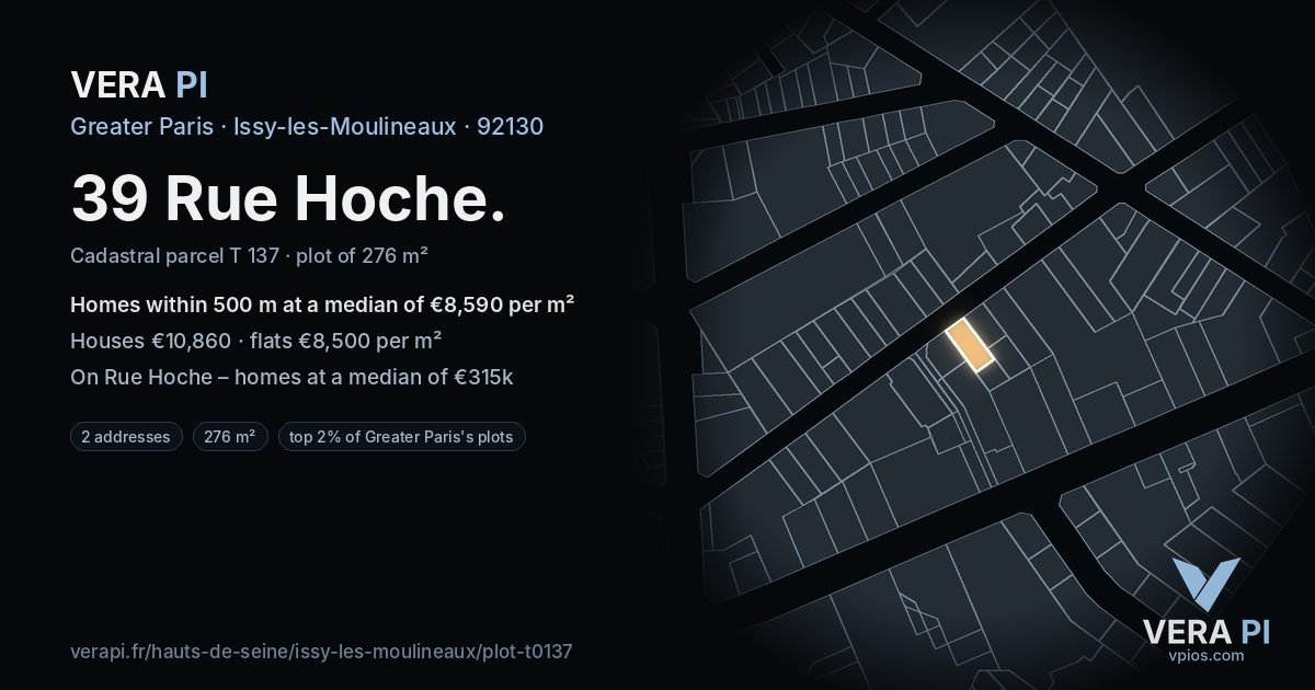 39 Rue Hoche, Issy-les-Moulineaux at night – the plot lit, the parcels around coloured by the prices near them