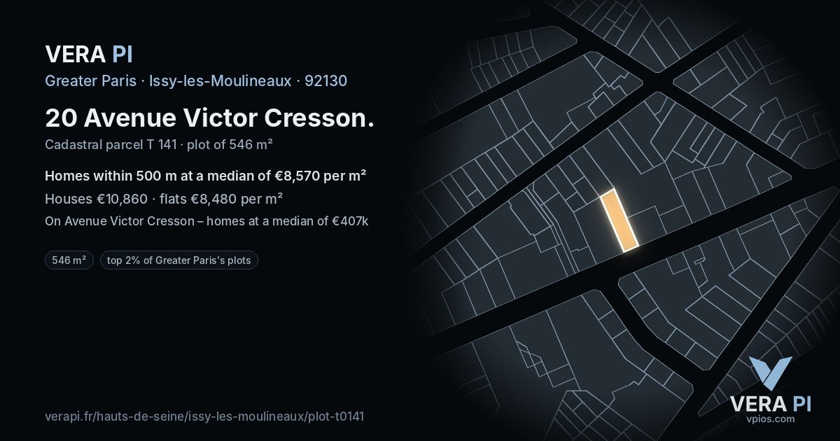 20 Avenue Victor Cresson, Issy-les-Moulineaux at night – the plot lit, the parcels around coloured by the prices near them