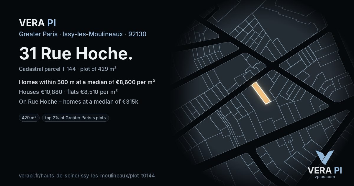 31 Rue Hoche, Issy-les-Moulineaux at night – the plot lit, the parcels around coloured by the prices near them