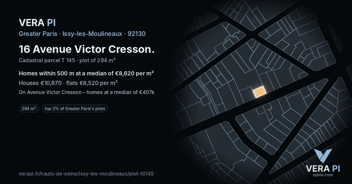16 Avenue Victor Cresson, Issy-les-Moulineaux at night – the plot lit, the parcels around coloured by the prices near them