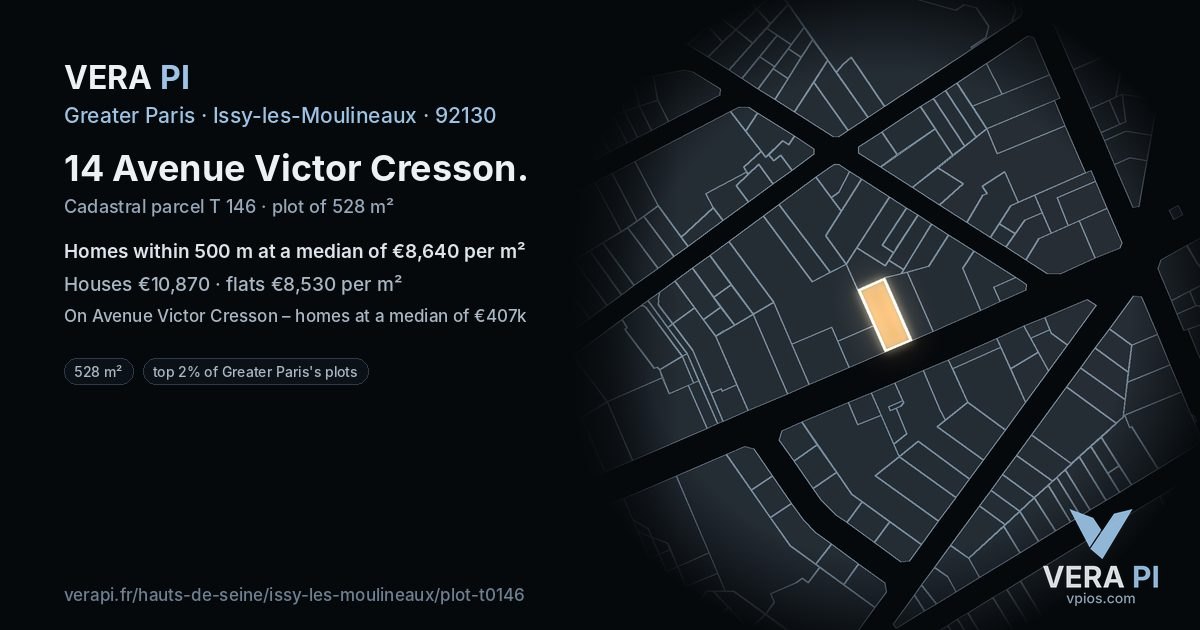 14 Avenue Victor Cresson, Issy-les-Moulineaux at night – the plot lit, the parcels around coloured by the prices near them
